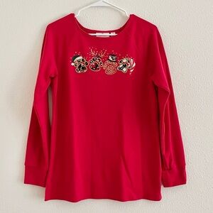 VTG Quacker Factory Red Christmas Holiday Paw Print Bling Long Sleeve Shirt S